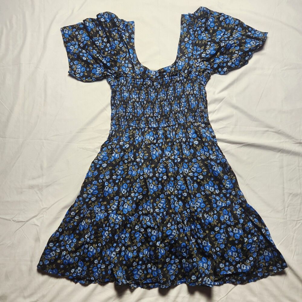 Gap Womens LTall Floral Smocked Milkmaid Cottagecore Midi Puff Cotton Dress Blue